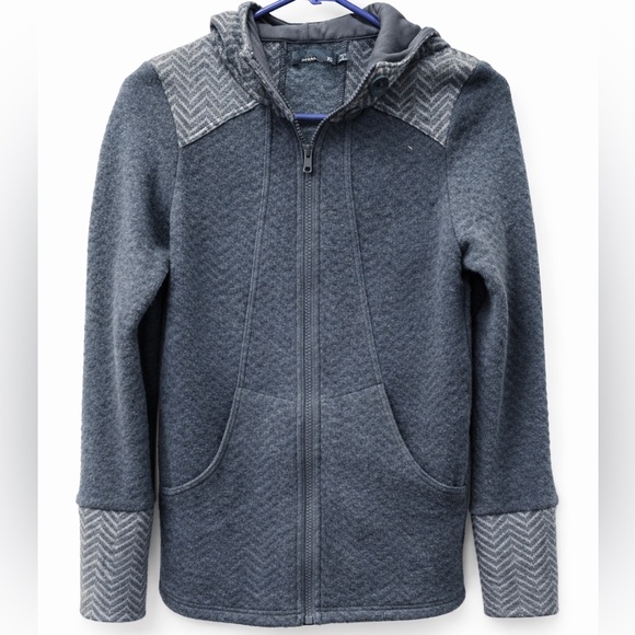 Prana Sweaters - Prana Women’s XS Gray Full Zip Hooded Jacket Herringbone Panels Thumbholes